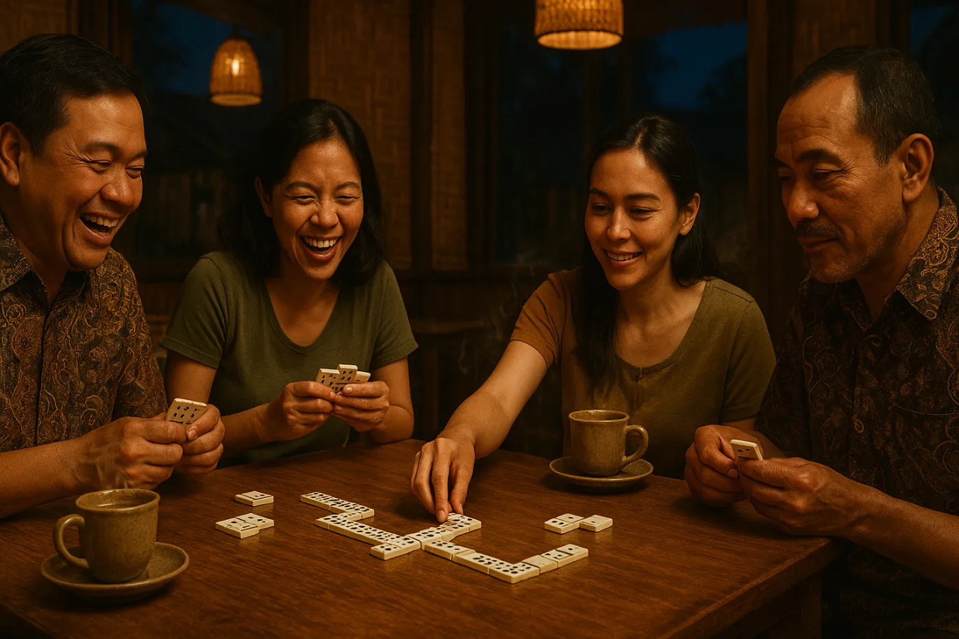 Pemain gaple sedang bermain kartu domino di warung kopi Indonesia dengan suasana hangat, santai, dan penuh strategi — mencerminkan semangat komunitas MainGaple.com untuk bermain asik bersama.